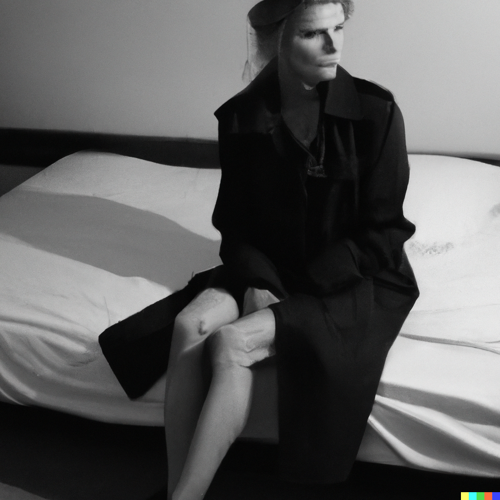 A blonde woman sitting on a bed, wearing a trench coat.